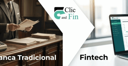 Contraste visual de Banca Tradicional analógica versus Fintech digital Clic and Fin