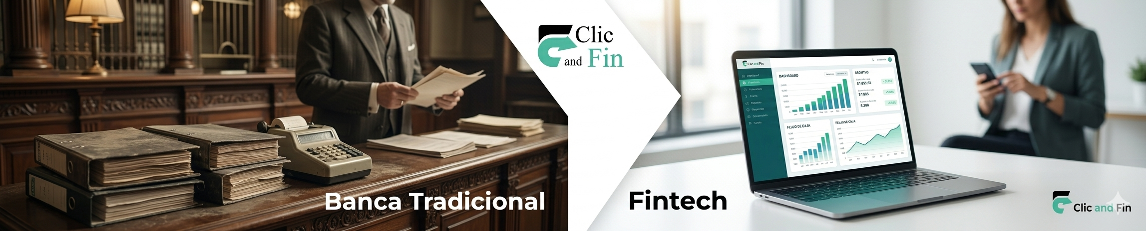 Contraste visual de Banca Tradicional analógica versus Fintech digital Clic and Fin